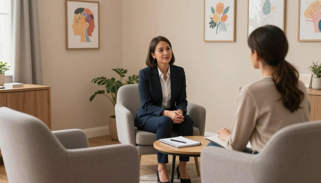 Two women in armchairs, one in a suit, one taking notes, in a counseling office.