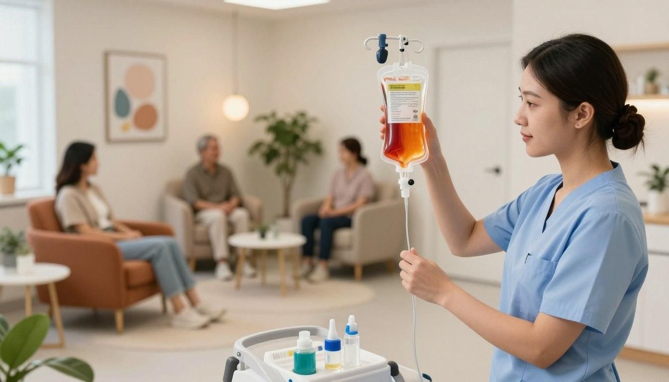 Nurse preparing IV infusion in clinic; patients wait on chairs in background.