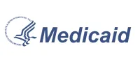 Medicaid logo: blue text and symbol of a stylized eagle, white background.