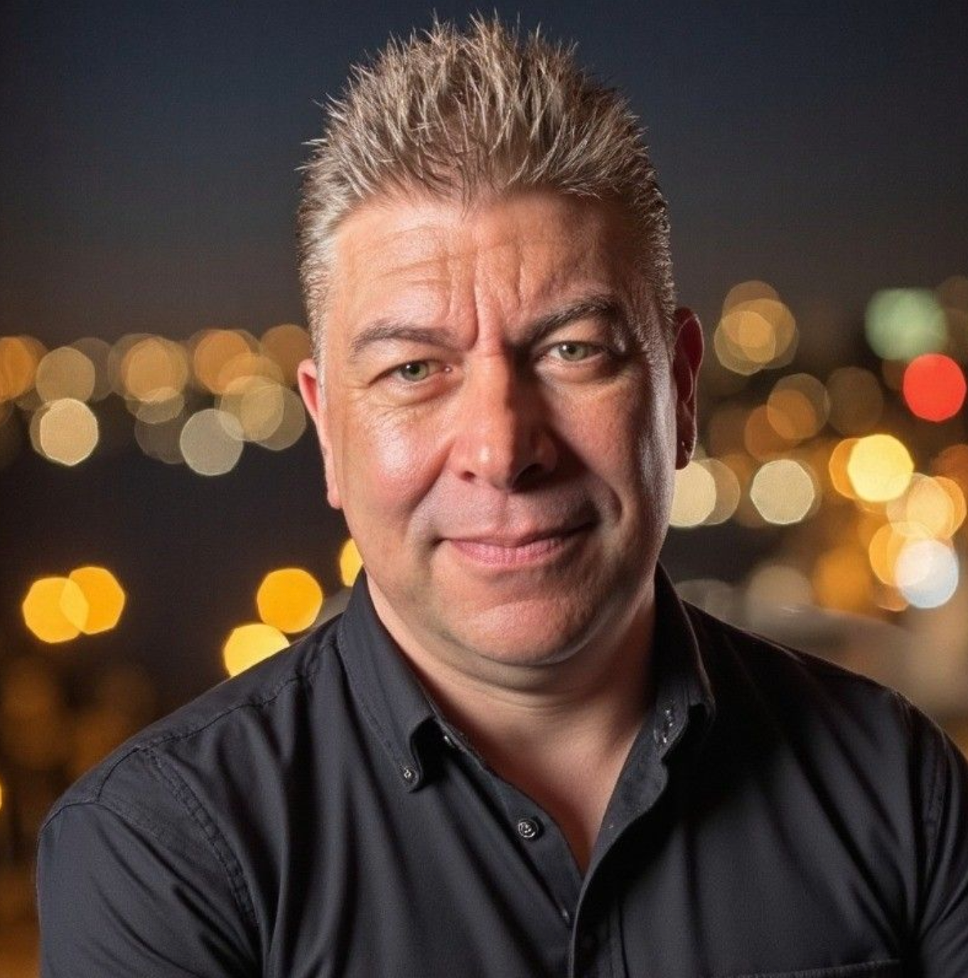 A man in a black shirt is smiling for the camera