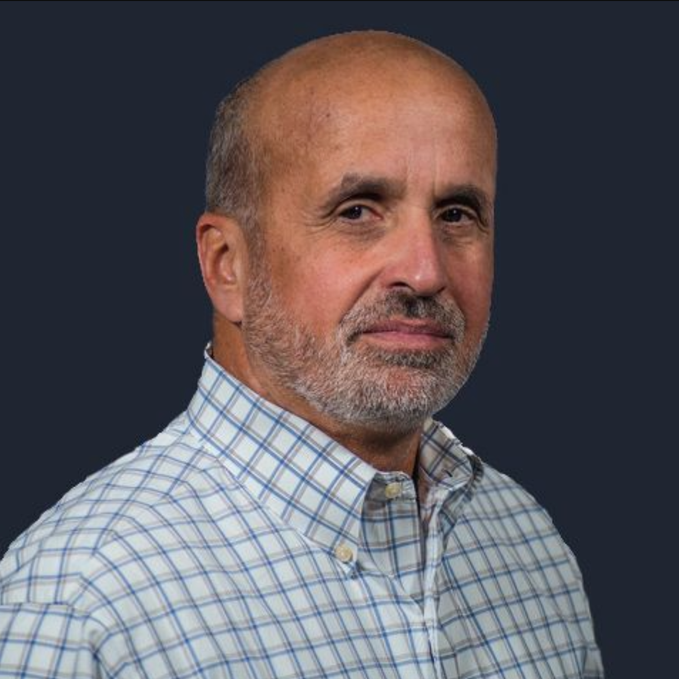 A bald man with a beard is wearing a plaid shirt.