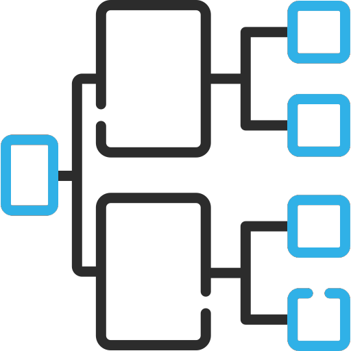 A blue and black icon of a tree with squares connected to each other.