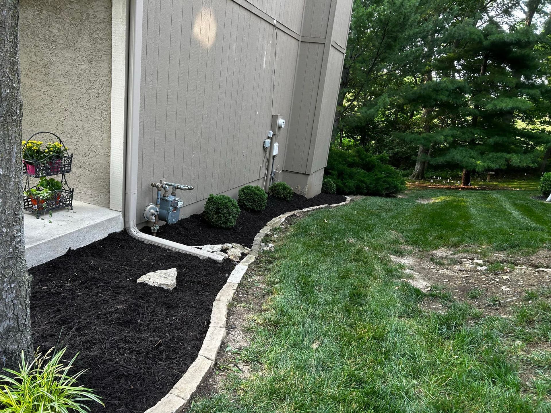 Black mulch bed borders beige house, green grass, and shrubs.