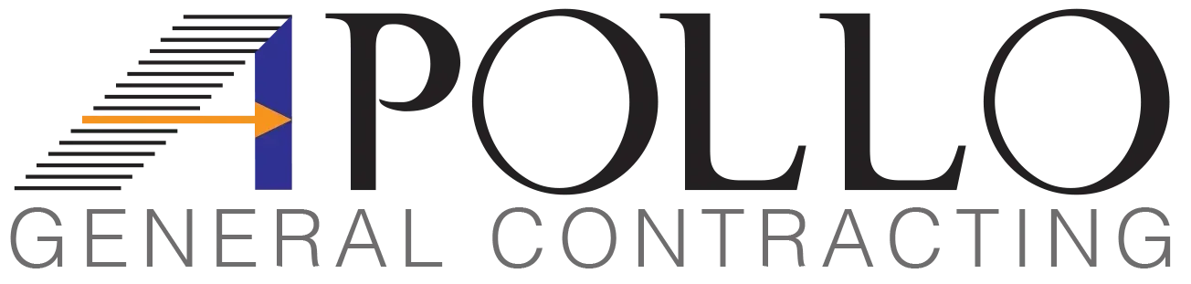 A logo for pollo general contracting with an arrow pointing to the right