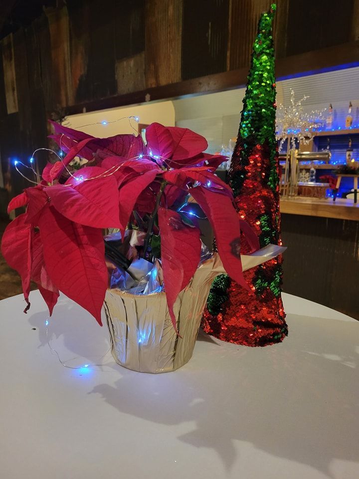 A poinsettia is sitting on a table next to a christmas tree.