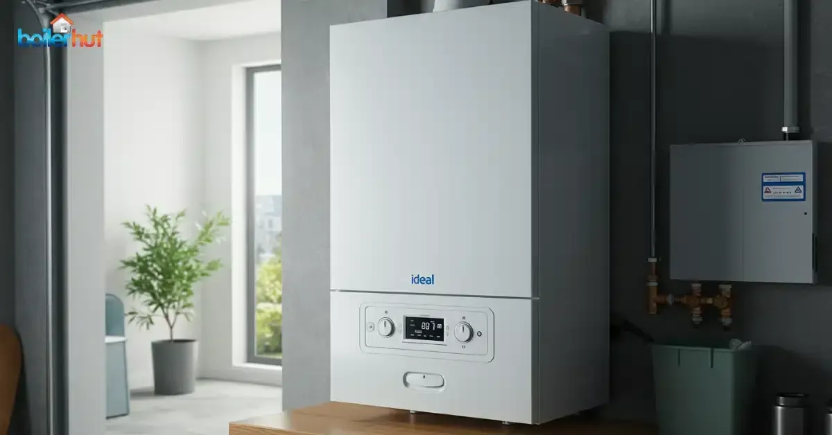 White wall-mounted boiler with digital display, installed in a home setting near a window and potted plant.