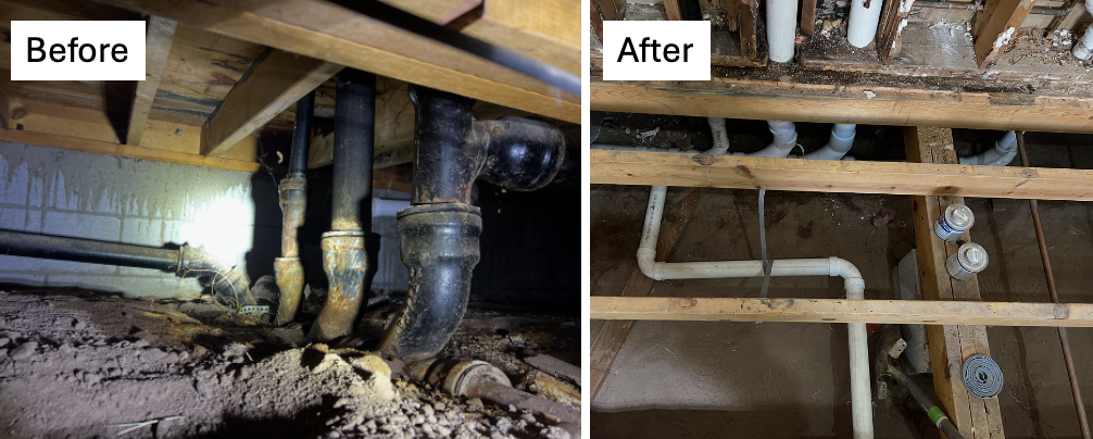 A before and after picture of a basement with pipes.