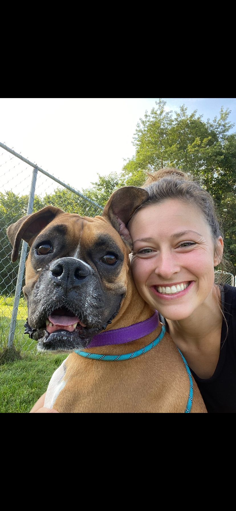 Woman guides a golden retriever dog down a ramp at an animal shelter.