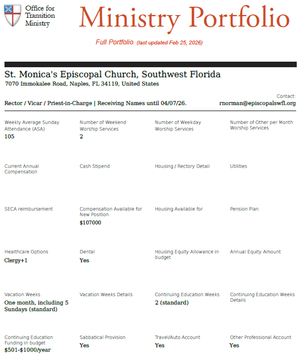 Ministry Portfolio for St. Monica’s Episcopal Church in Naples, FL, detailing compensation, benefits, and service data.