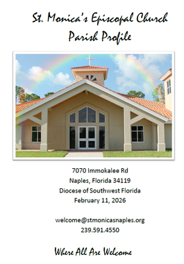 St. Monica's Episcopal Church Parish Profile cover featuring the church building with a rainbow overhead.