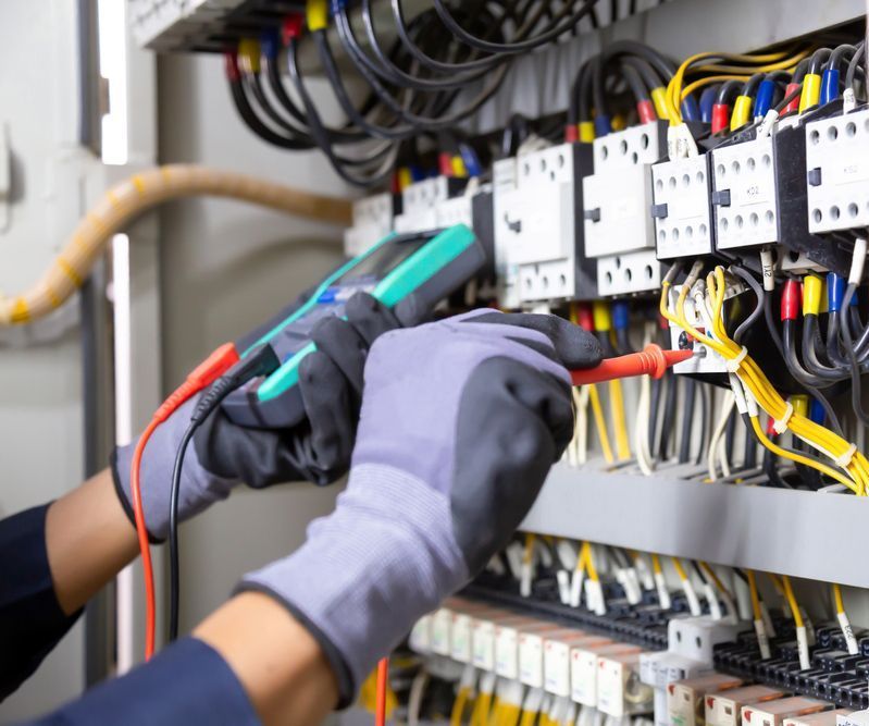 An electrician is working on an electrical box with a multimeter