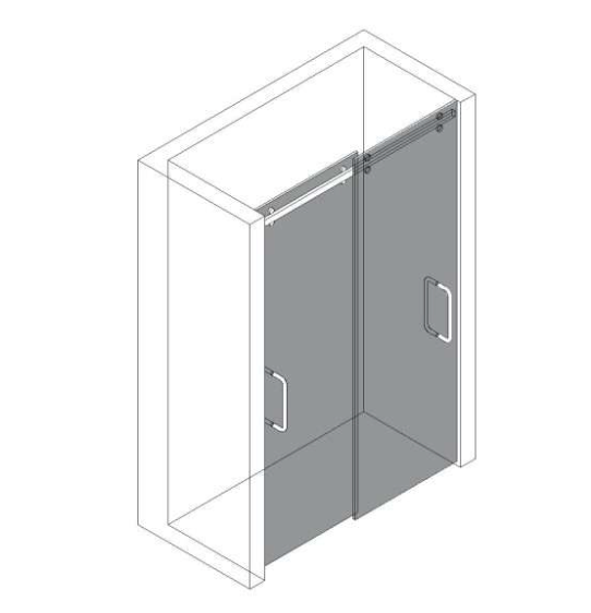 Isometric view of a shower enclosure with two sliding glass doors, silver hardware, and white walls.