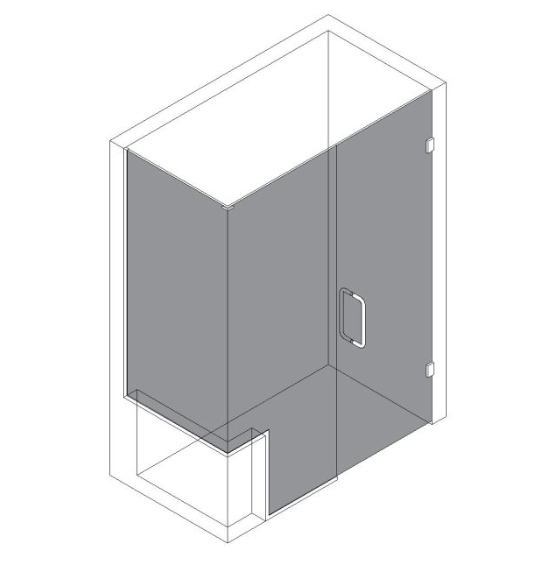 Isometric view of a shower stall with two glass walls and a door; grey panels indicate walls.