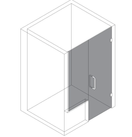 Isometric view of a shower stall with a glass door and handle, with the door and some wall sections shaded.