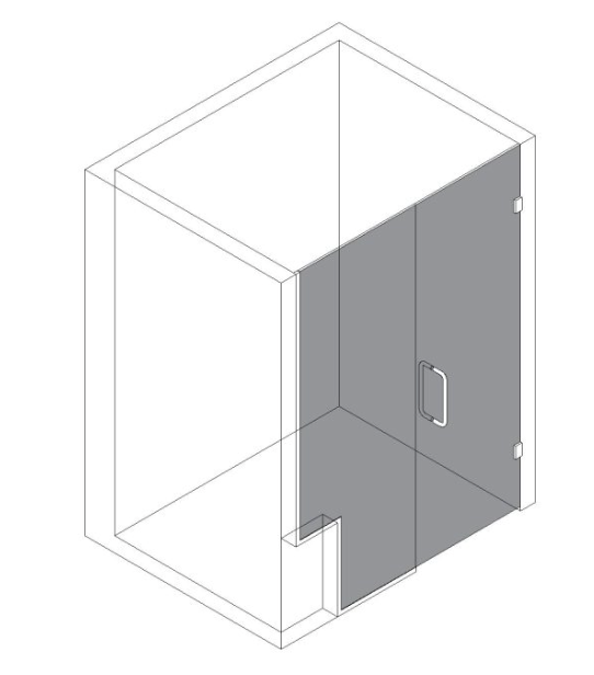 Isometric view of a shower stall with a glass door and side panel; gray tinted glass, outline of the stall.