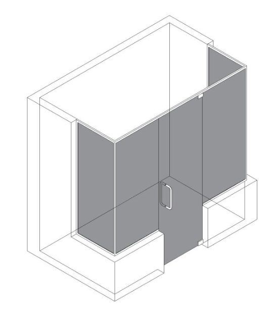 Isometric view of a shower stall with gray walls and a glass door.