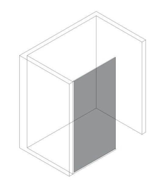 Isometric view of a gray wall within a partially transparent, outlined room.