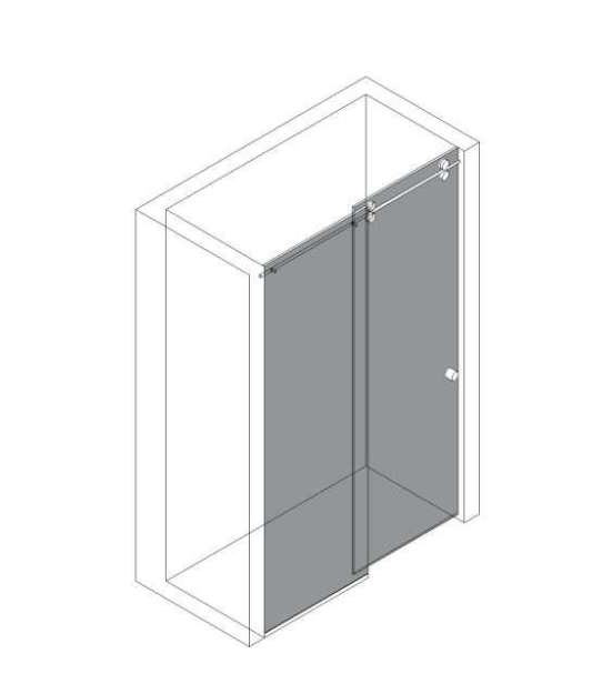 Isometric view of a sliding glass shower door installed in a rectangular alcove.