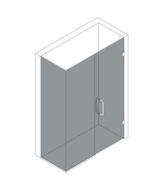 Isometric view of a frameless shower enclosure with a glass door and silver handle.