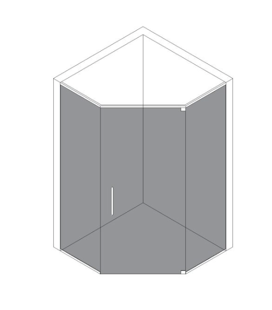 Isometric view of a gray, hexagonal shower enclosure with a door and a triangular top.