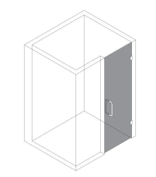 Isometric view of a shower enclosure with a glass door and handle. The interior is empty.