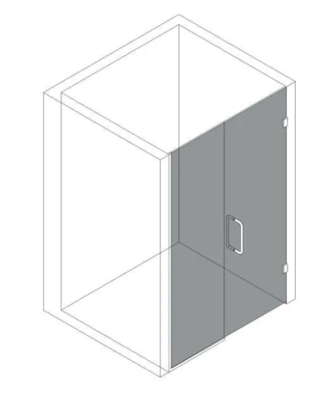 Isometric view of a shower stall with a glass door and handle, half shaded in gray.