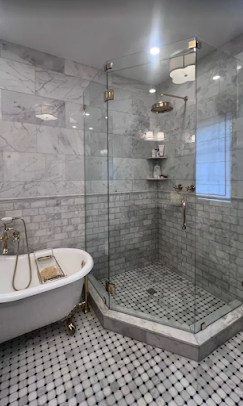 Custom Frameless Corner Shower Enclosure with Premium Hardware completed during a bathroom renovation in Dadeland.