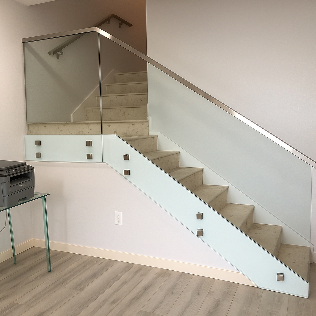 Staircase with glass railing, stainless steel handrails, and beige carpet. Interior setting.