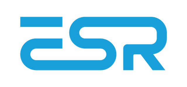 Logo for ESR, blue rounded letters.