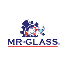 Mr. Glass logo: Cartoon man in a top hat holding a diamond, blue and red accents.