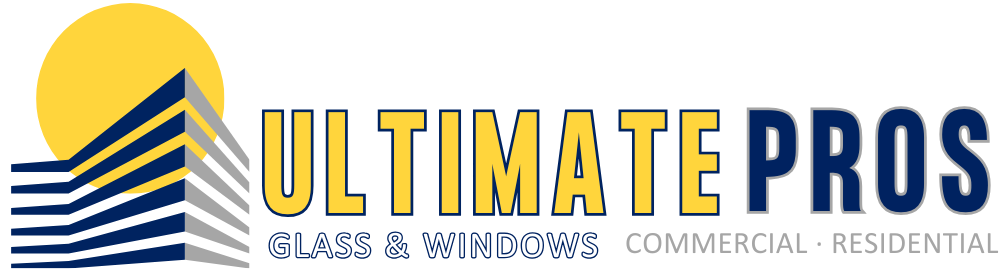 Logo for Ultimate Pros: yellow sun over building graphic, company name in yellow and blue. 