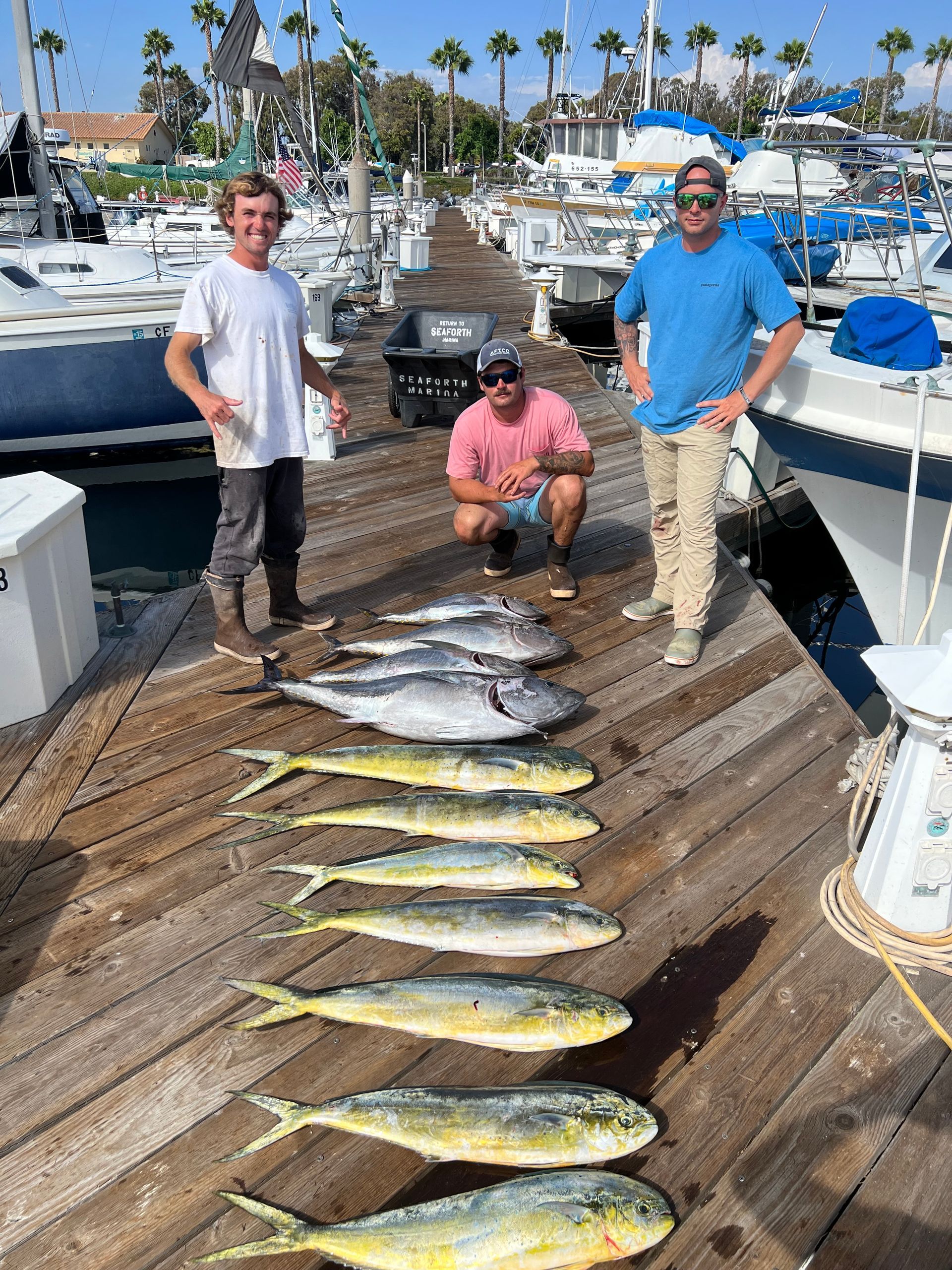 Three men are standing next to a row of fish on a dock.