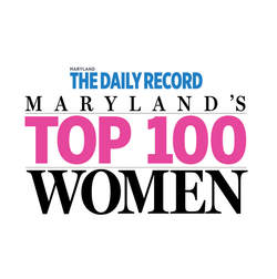 The Daily Record Maryland’s Top 100 Women headline in black, pink, and white text. Tazeen Ahmad, Voted Maryland's top 100 women by The Daily Record