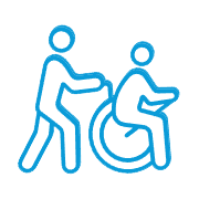 Person pushing a wheelchair with another person seated in it; light blue outline.