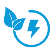 Blue leaves next to a lightning bolt inside a circle, representing renewable energy.