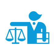 Blue icon of a person, holding scales of justice and briefcase, representing a lawyer or legal professional.