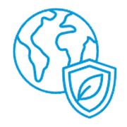 Blue globe with a shield containing a leaf; represents environmental protection.