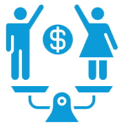 Blue icon: A balanced scale with a man and a woman, and a dollar sign in the middle, representing equal pay.