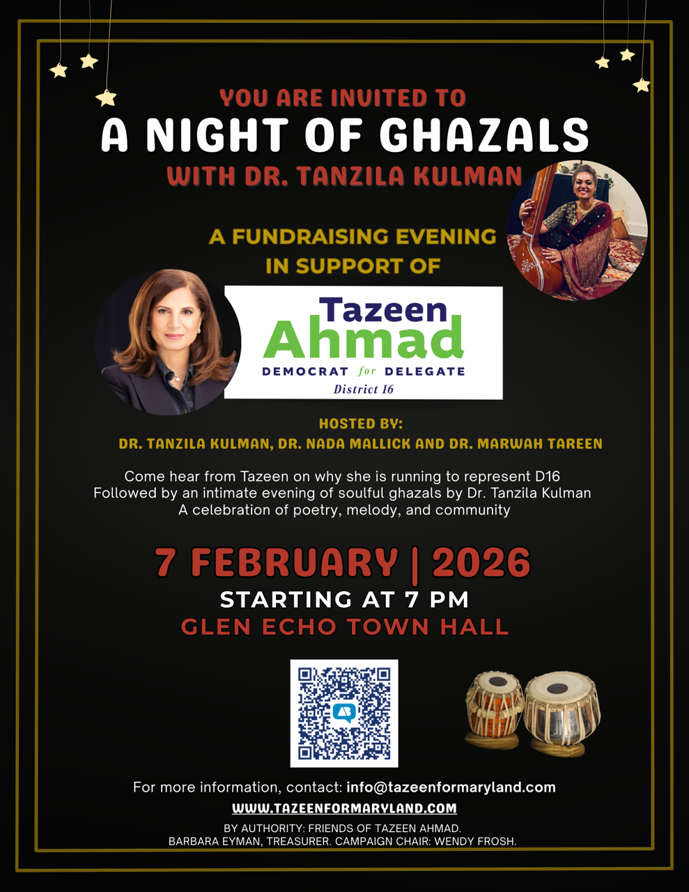 Poster: Fundraising event for Tazeen Ahmad. Features Dr. Tanzila Kulman and venue/date/time. Includes QR code.