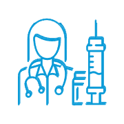 Doctor with stethoscope next to a syringe and medicine vial, blue outline.