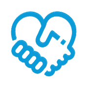 Blue heart formed by two hands shaking.