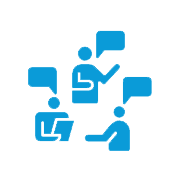 Blue icon of three people engaged in conversation with speech bubbles.