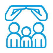 Blue outline: hands shielding three people.