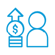 Blue icon: Person next to stack of coins with dollar symbol and upward arrow.