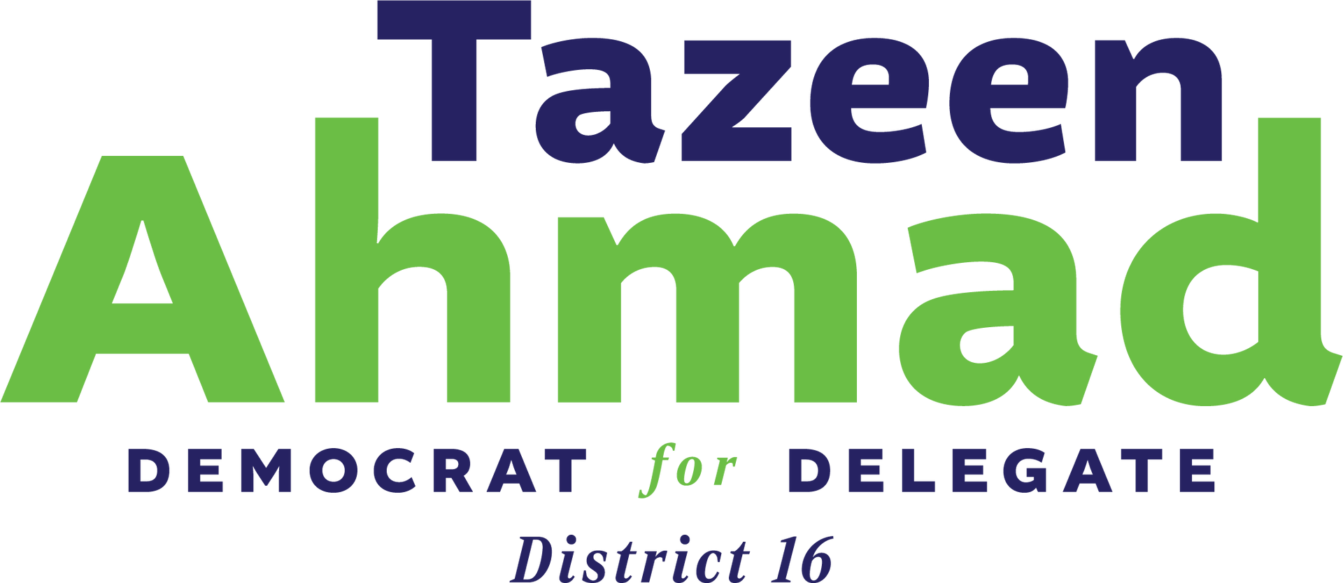 Dark blue and lime green logo for Tazeen Ahmad, democrat for delegate