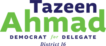 Dark blue and lime green logo for Tazeen Ahmad, democrat for delegate