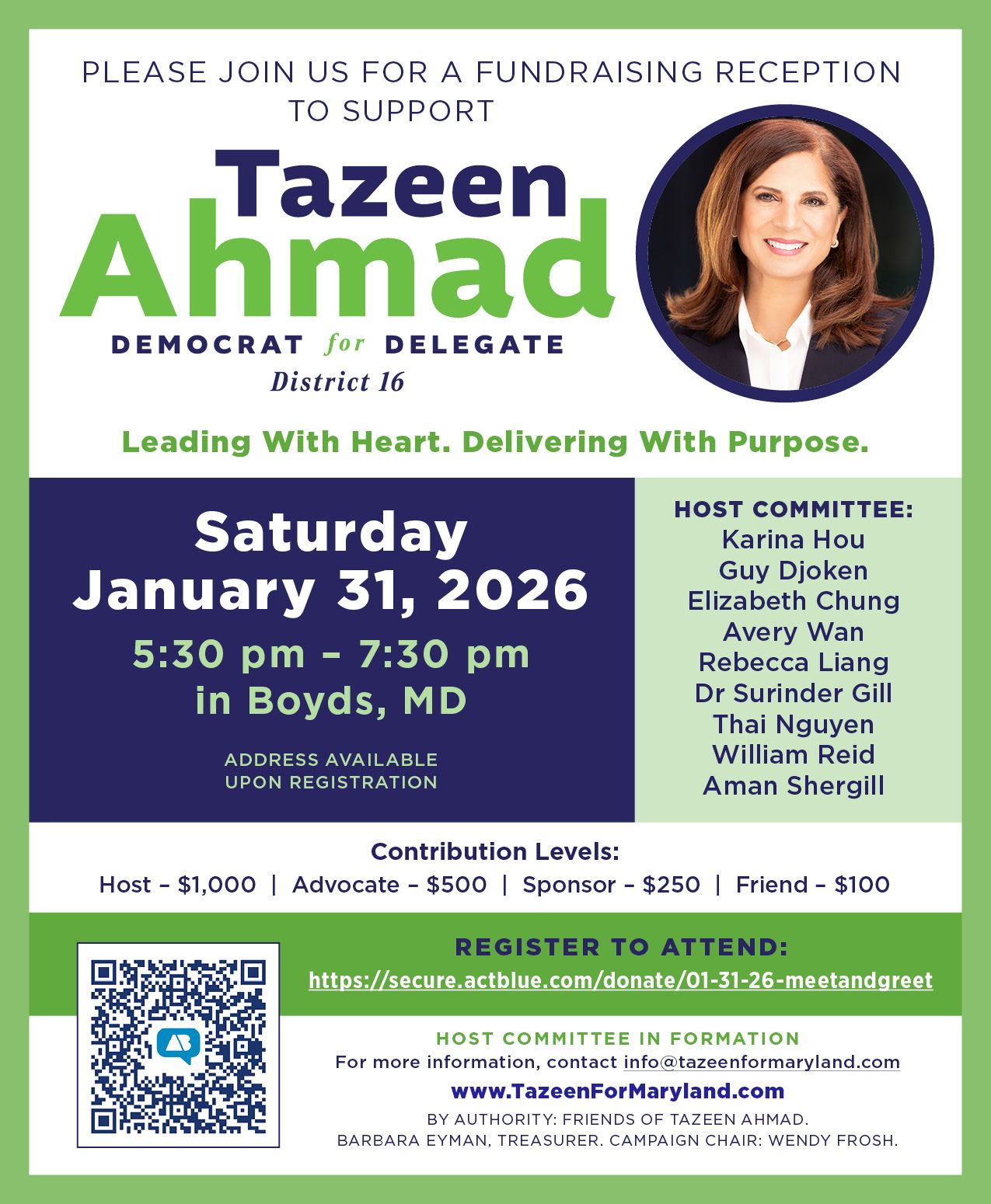 Fundraising reception for Tazeen Ahmad in Boyds, MD. Includes event details and contribution levels.