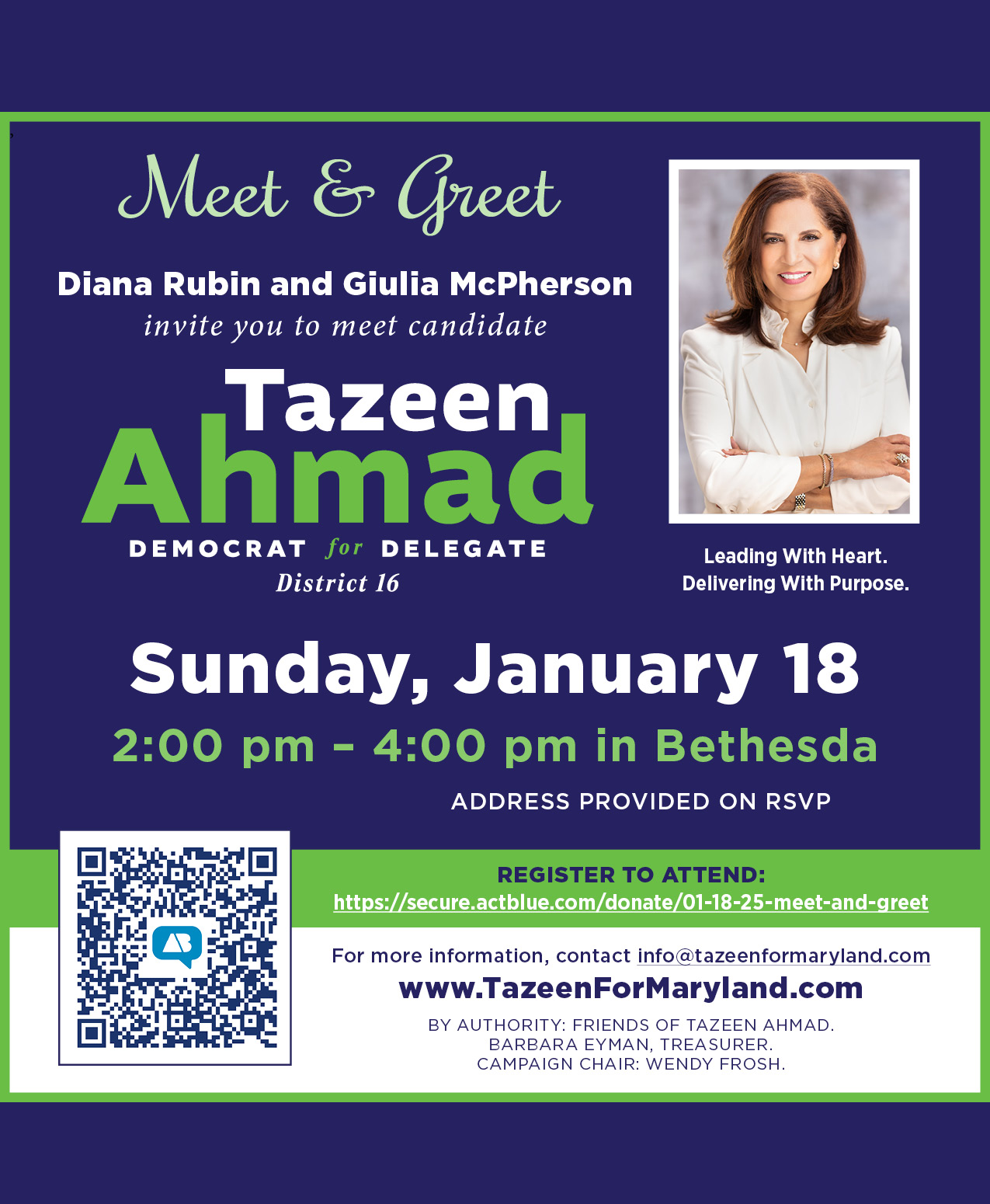 Political event flyer: Meet & Greet for Tazeen Ahmad in Bethesda on January 18. Includes photo, details, and website.
