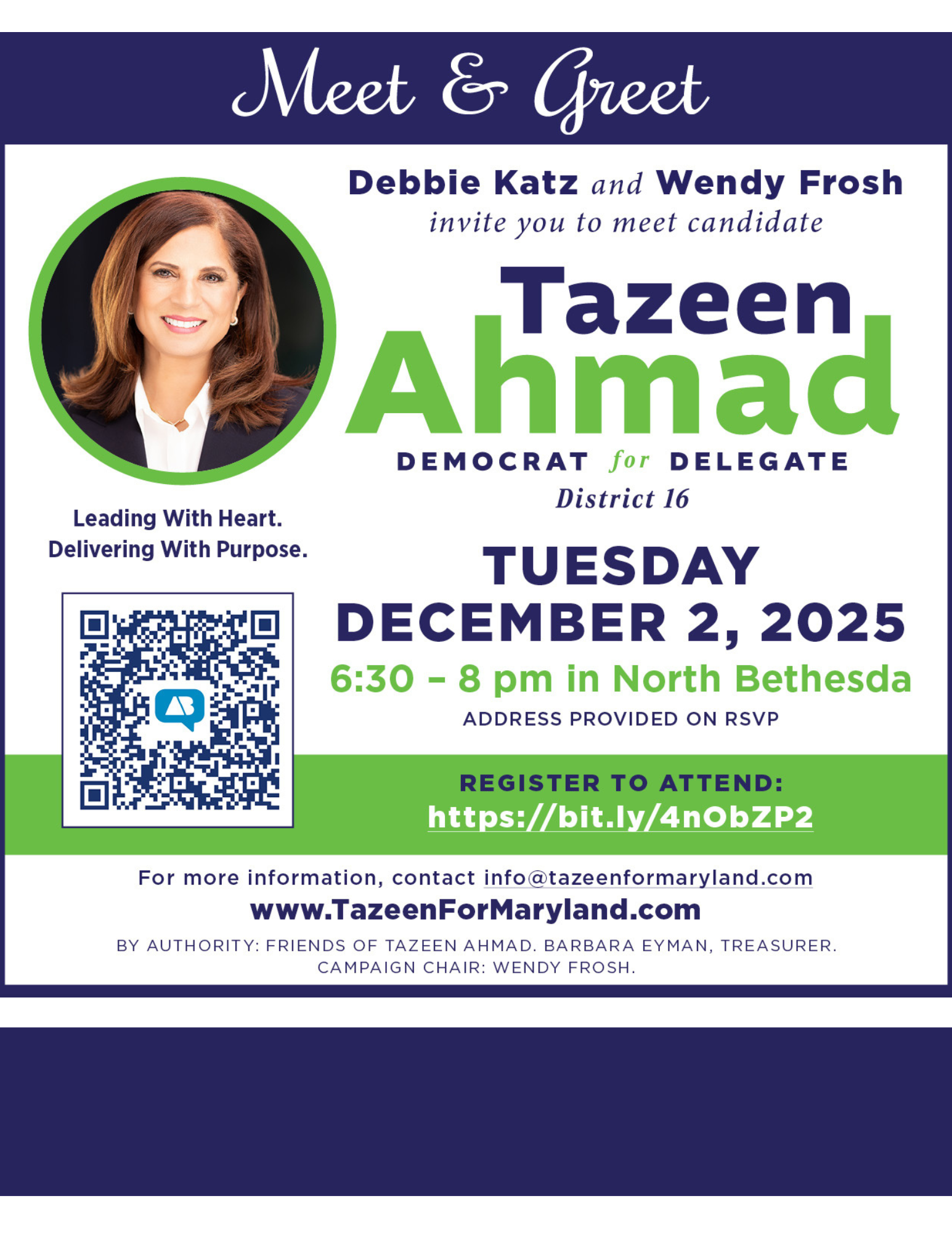 Political flyer: Meet & Greet for Tazeen Ahmad, Democrat for Delegate, December 2, 2025, North Bethesda.
