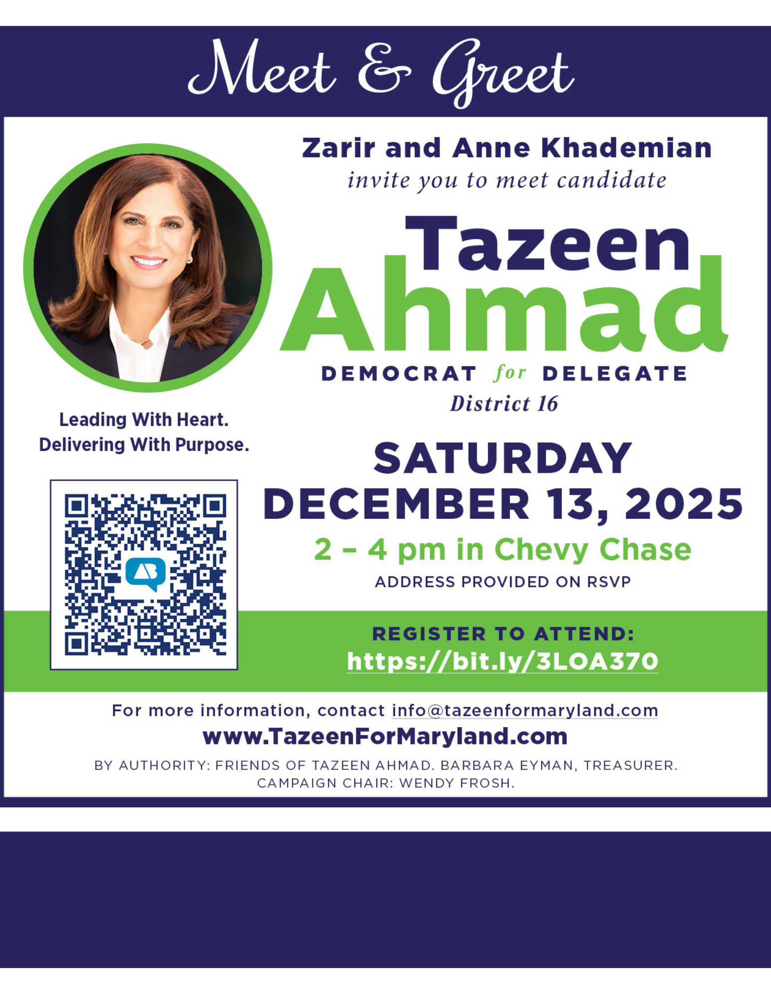 Political flyer: Tazeen Ahmad, Democrat for Delegate. Meet & greet in Chevy Chase, December 13, 2025.